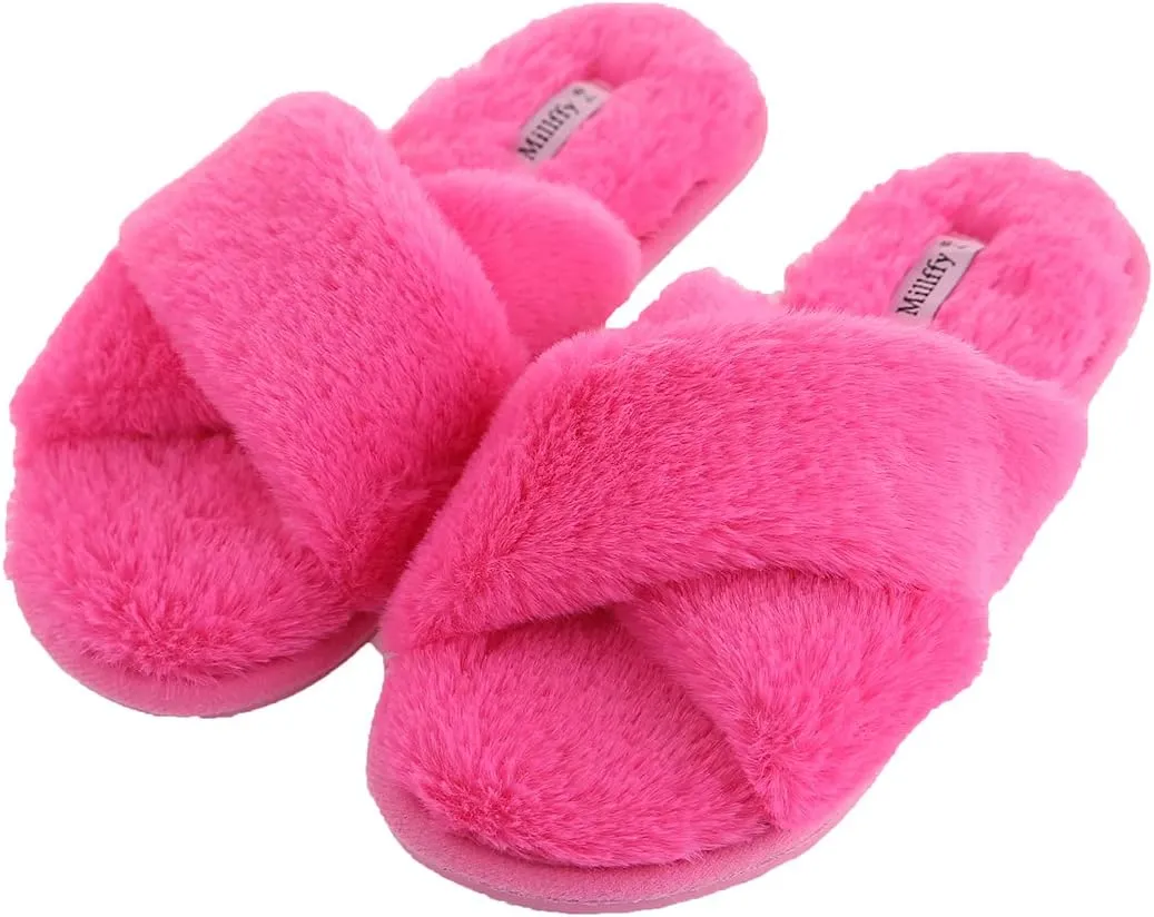 Millffy Fuzzy Fluffy Open Toe Slippers for Summer Warm Comfy flip Flop Slippers for Women Slip on
