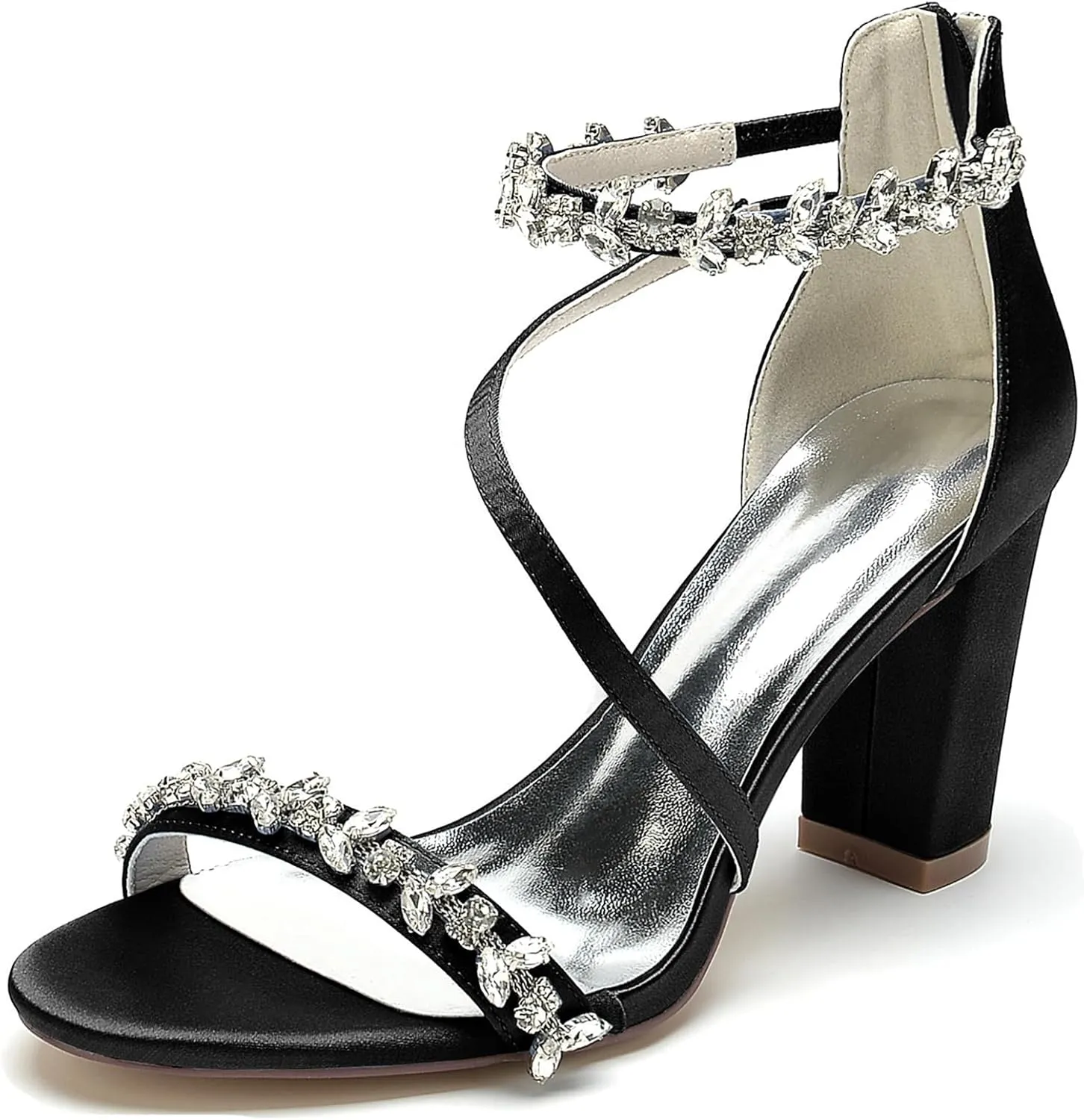 Minishion Womens Sandals Dress Wedding Block Heel Formal Evening Shoes with Rhinestone BR123