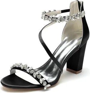 Minishion Womens Sandals Dress Wedding Block Heel Formal Evening Shoes with Rhinestone BR123