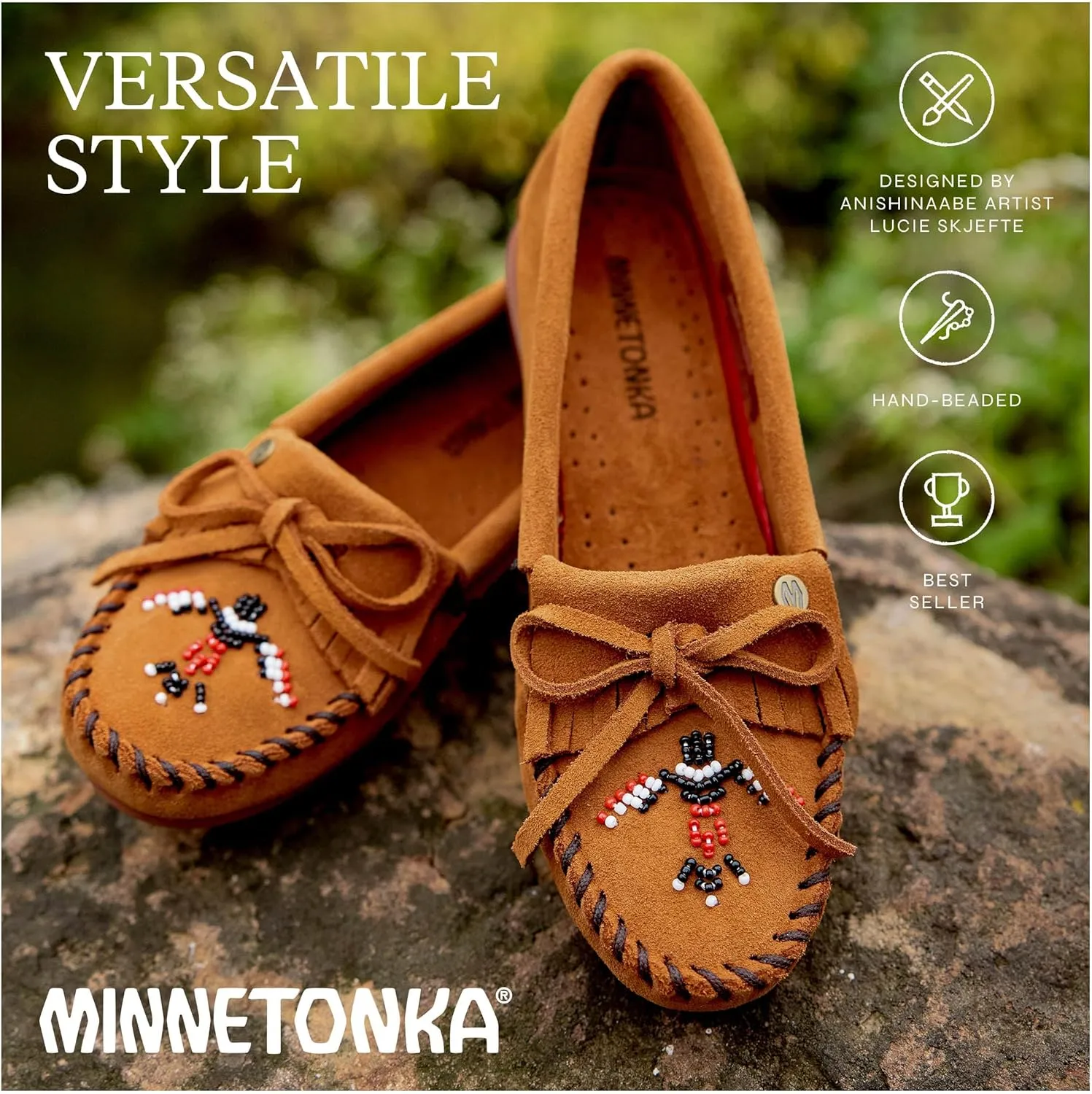 Minnetonka Women’s Thunderbird “Animikii” Hardsole – Moccasins for Women with a Classic Leather Moccasin Silhouette, Cushioned Footbed, and Beaded Moccasin Design