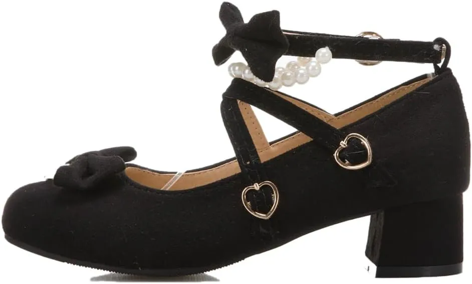 MIOKE Women's Round Toe Chunky Mid Block Heel Pumps Suede Comfort Cross Strap Elegant Mary Jane Dress Shoes