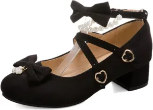 MIOKE Women's Round Toe Chunky Mid Block Heel Pumps Suede Comfort Cross Strap Elegant Mary Jane Dress Shoes