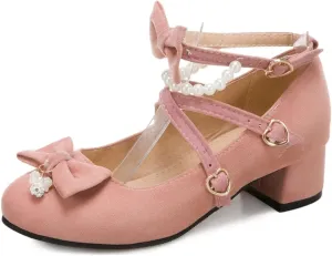 MIOKE Women's Round Toe Chunky Mid Block Heel Pumps Suede Comfort Cross Strap Elegant Mary Jane Dress Shoes