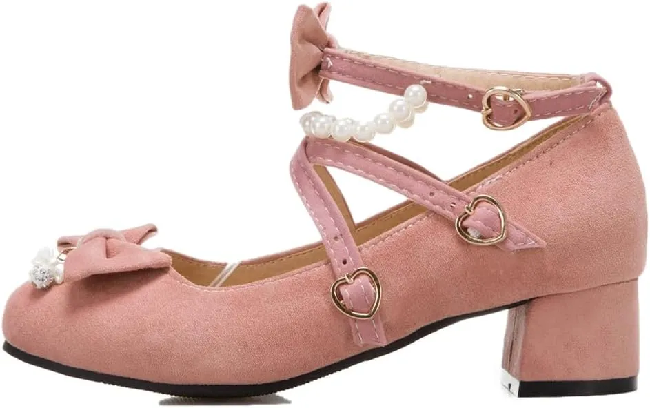 MIOKE Women's Round Toe Chunky Mid Block Heel Pumps Suede Comfort Cross Strap Elegant Mary Jane Dress Shoes