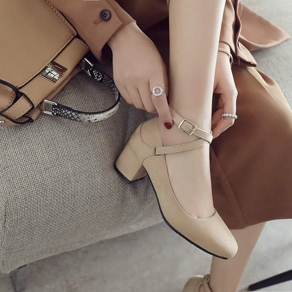 MIOKE Women's Square Toe Chunky Mid Block Heel Pumps Suede Comfort Cross Strap Elegant Mary Jane Dress Shoes