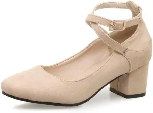 MIOKE Women's Square Toe Chunky Mid Block Heel Pumps Suede Comfort Cross Strap Elegant Mary Jane Dress Shoes