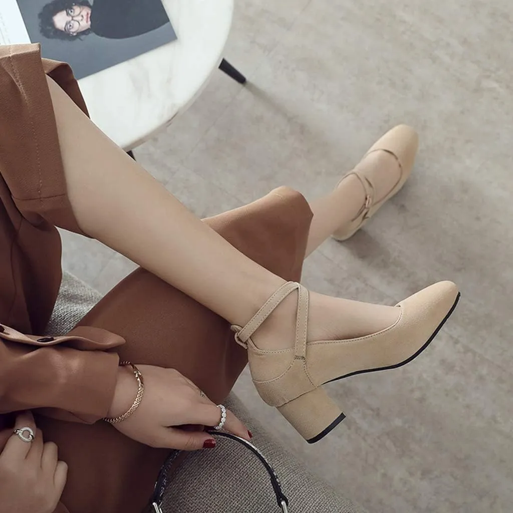MIOKE Women's Square Toe Chunky Mid Block Heel Pumps Suede Comfort Cross Strap Elegant Mary Jane Dress Shoes