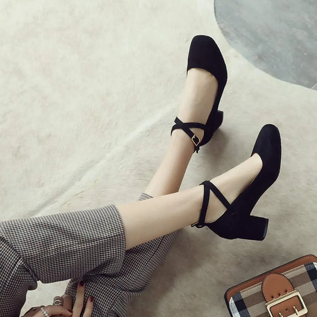 MIOKE Women's Square Toe Chunky Mid Block Heel Pumps Suede Comfort Cross Strap Elegant Mary Jane Dress Shoes
