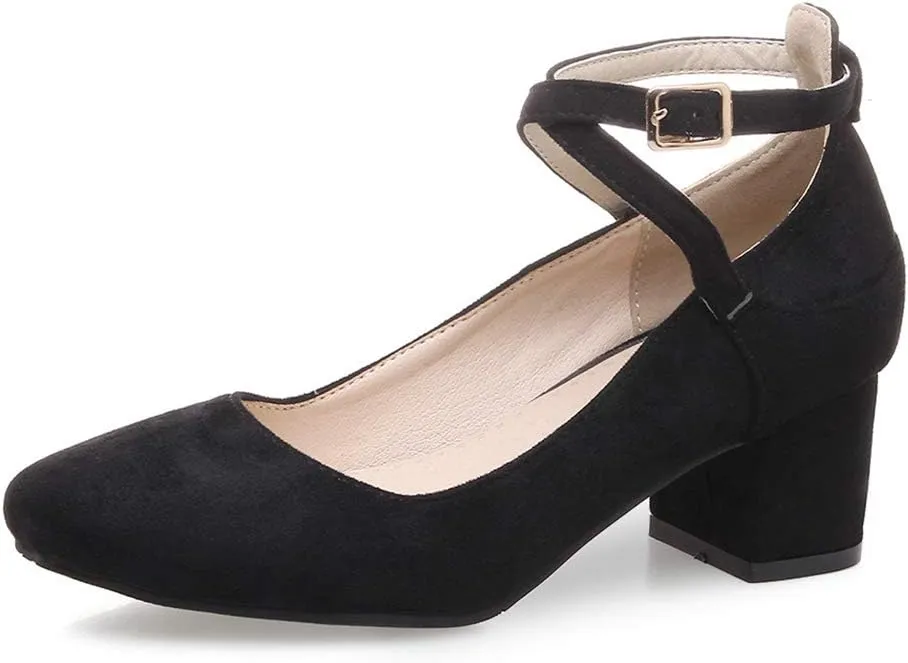 MIOKE Women's Square Toe Chunky Mid Block Heel Pumps Suede Comfort Cross Strap Elegant Mary Jane Dress Shoes