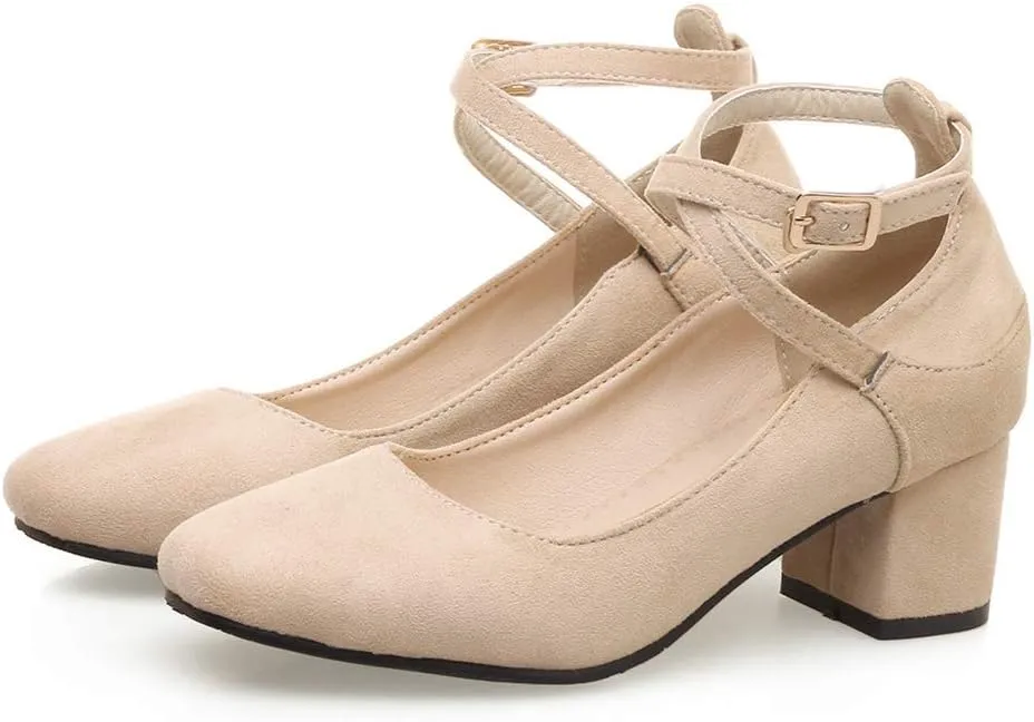 MIOKE Women's Square Toe Chunky Mid Block Heel Pumps Suede Comfort Cross Strap Elegant Mary Jane Dress Shoes