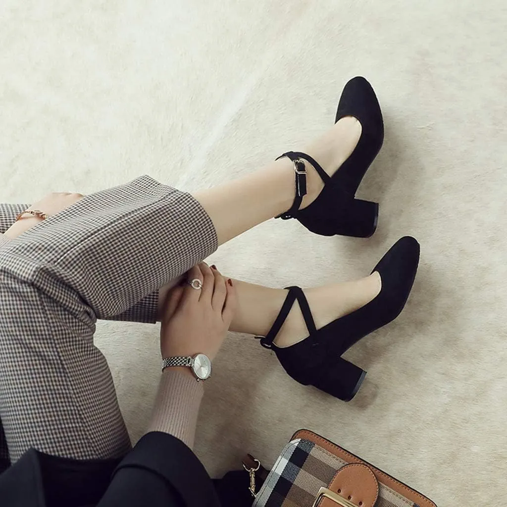 MIOKE Women's Square Toe Chunky Mid Block Heel Pumps Suede Comfort Cross Strap Elegant Mary Jane Dress Shoes