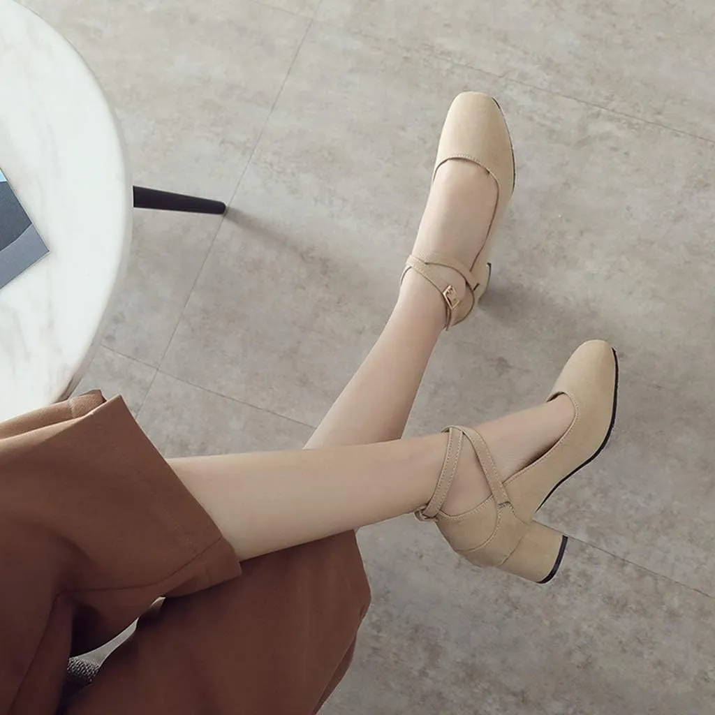 MIOKE Women's Square Toe Chunky Mid Block Heel Pumps Suede Comfort Cross Strap Elegant Mary Jane Dress Shoes