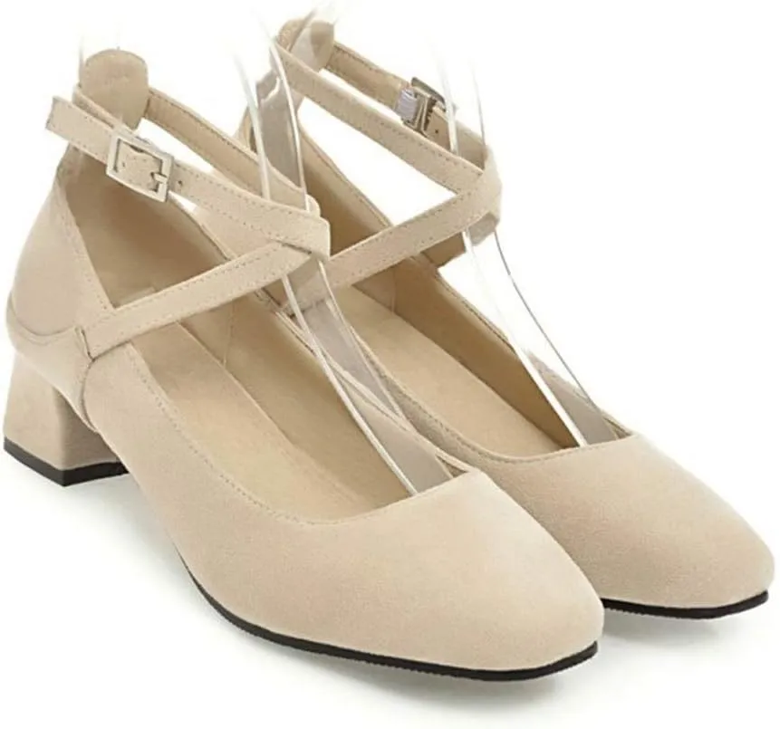 MIOKE Women's Square Toe Chunky Mid Block Heel Pumps Suede Cross Strap Comfort Mary Jane Elegant Dress Shoes