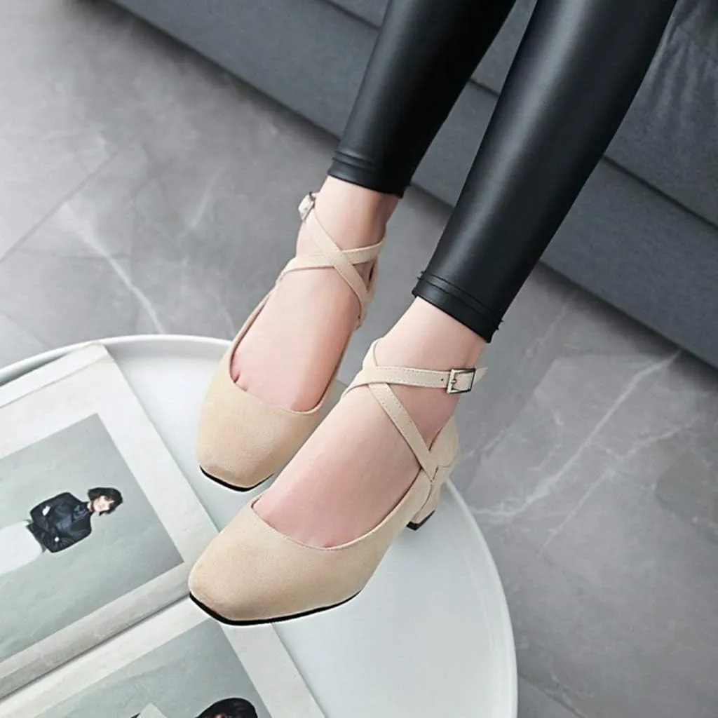 MIOKE Women's Square Toe Chunky Mid Block Heel Pumps Suede Cross Strap Comfort Mary Jane Elegant Dress Shoes