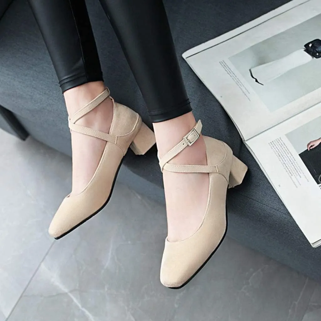 MIOKE Women's Square Toe Chunky Mid Block Heel Pumps Suede Cross Strap Comfort Mary Jane Elegant Dress Shoes