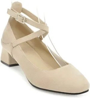 MIOKE Women's Square Toe Chunky Mid Block Heel Pumps Suede Cross Strap Comfort Mary Jane Elegant Dress Shoes