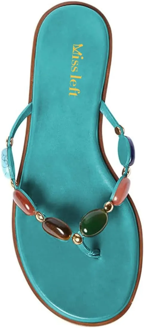 miss left Women Jewelled Strap Open Toe Flip Flops Comfortable Insole Slip on Thong Flat Sandals Classic Summer Beach Indoor Outdoor Slippers Size 4-16 US