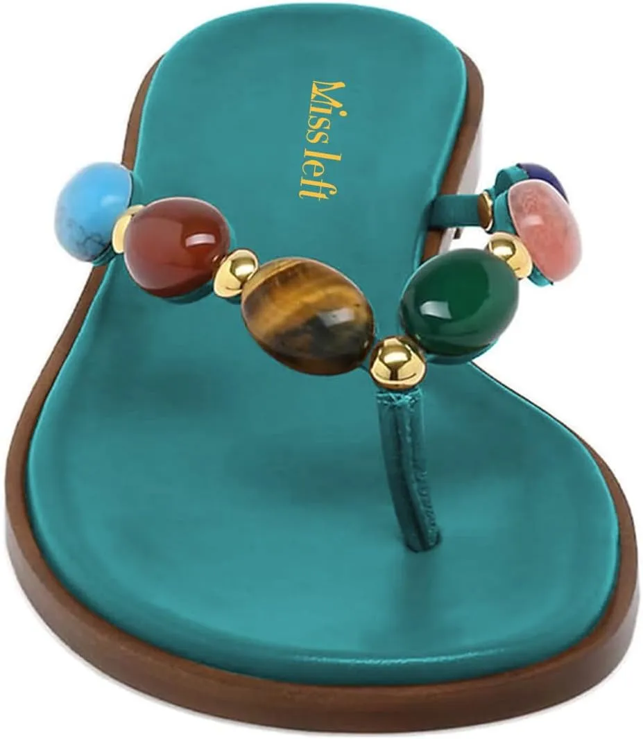 miss left Women Jewelled Strap Open Toe Flip Flops Comfortable Insole Slip on Thong Flat Sandals Classic Summer Beach Indoor Outdoor Slippers Size 4-16 US
