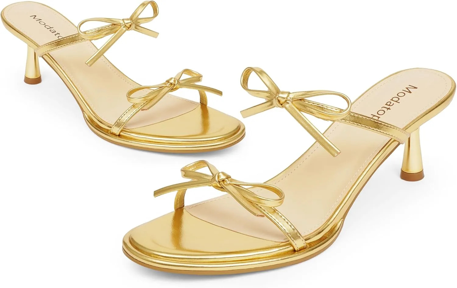 Modatope Two Strap Bow Tie Kitten Heel Sandals for Women Rounded Open Toe Heeled Sandals Women