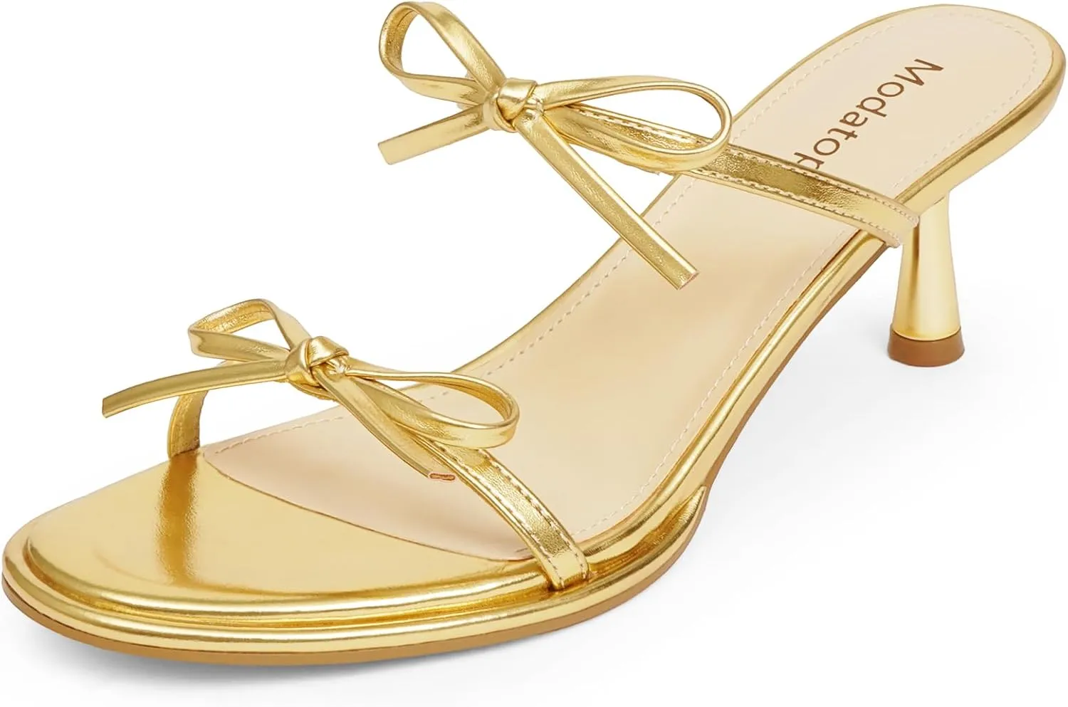 Modatope Two Strap Bow Tie Kitten Heel Sandals for Women Rounded Open Toe Heeled Sandals Women