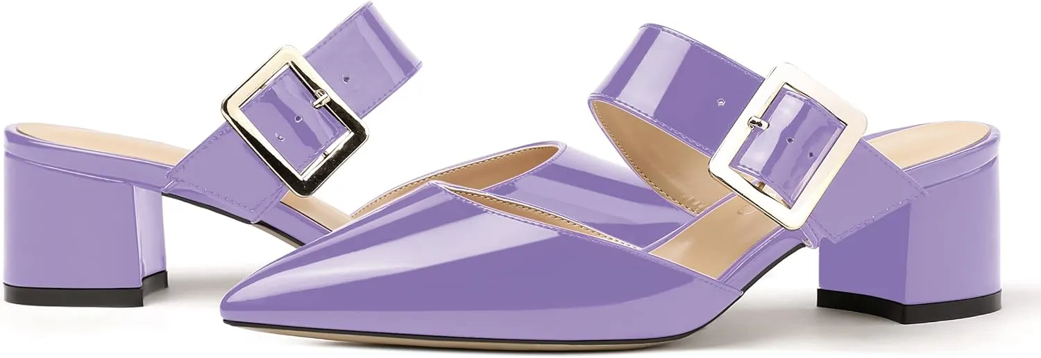 MODENCOCO Women's Adjustable Strap Buckle Patent Solid Pointed Toe Chunky Low Heel Mules Evening Dress Pumps Shoes 2 Inch