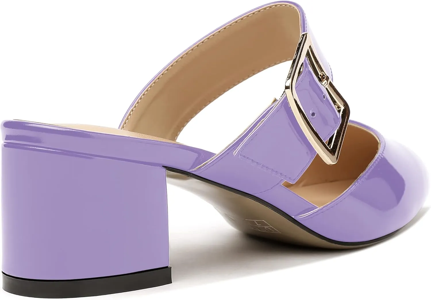MODENCOCO Women's Adjustable Strap Buckle Patent Solid Pointed Toe Chunky Low Heel Mules Evening Dress Pumps Shoes 2 Inch
