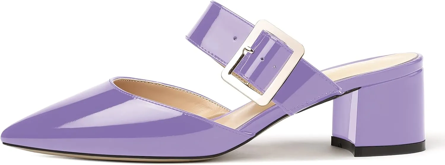 MODENCOCO Women's Adjustable Strap Buckle Patent Solid Pointed Toe Chunky Low Heel Mules Evening Dress Pumps Shoes 2 Inch