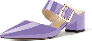 MODENCOCO Women's Adjustable Strap Buckle Patent Solid Pointed Toe Chunky Low Heel Mules Evening Dress Pumps Shoes 2 Inch