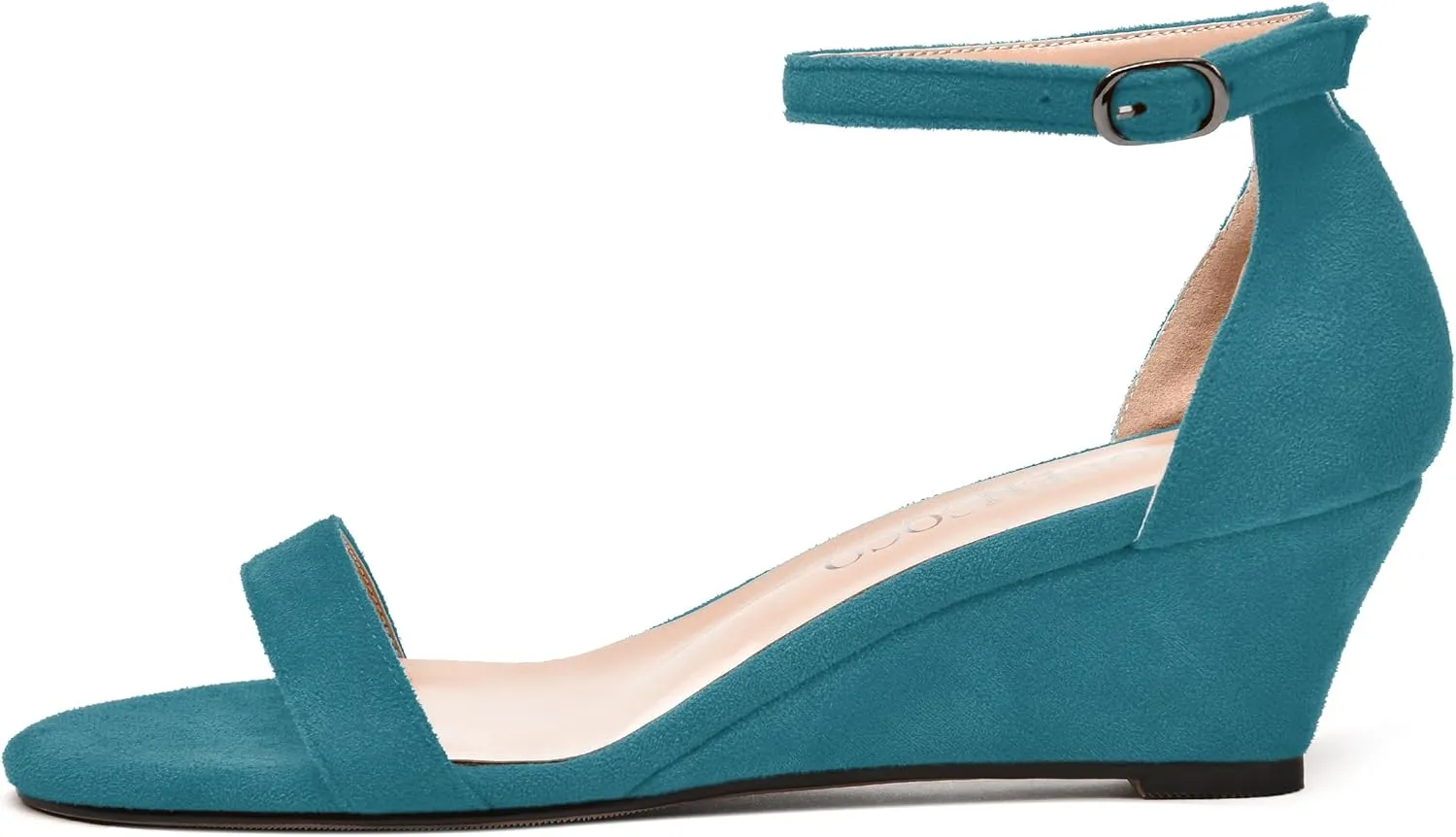 MODENCOCO Womens Ankle Strap Work Casual Elegant Round Toe Suede Buckle Wedge Low Heel Heeled Sandals 2 Inch