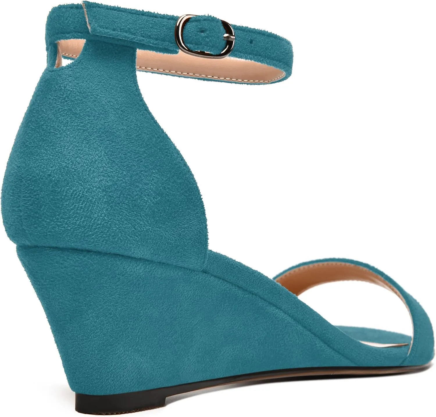 MODENCOCO Womens Ankle Strap Work Casual Elegant Round Toe Suede Buckle Wedge Low Heel Heeled Sandals 2 Inch