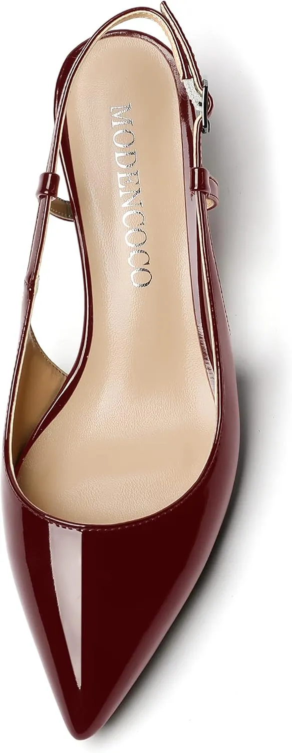 MODENCOCO Women's Cut Out Patent Ankle Strap Pointed Toe Slingback Chunky Low Heel Pumps Office Dress Shoes 2 Inch