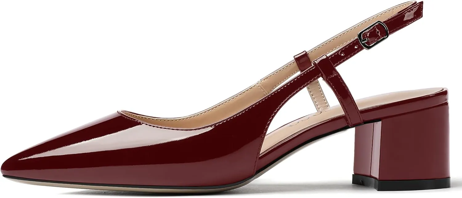 MODENCOCO Women's Cut Out Patent Ankle Strap Pointed Toe Slingback Chunky Low Heel Pumps Office Dress Shoes 2 Inch
