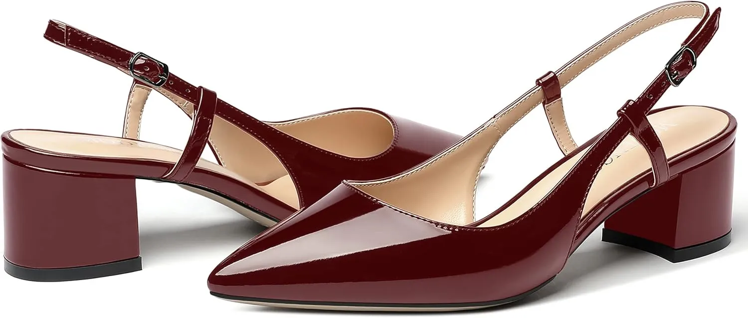 MODENCOCO Women's Cut Out Patent Ankle Strap Pointed Toe Slingback Chunky Low Heel Pumps Office Dress Shoes 2 Inch