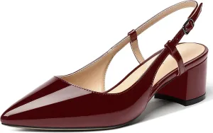 MODENCOCO Women's Cut Out Patent Ankle Strap Pointed Toe Slingback Chunky Low Heel Pumps Office Dress Shoes 2 Inch