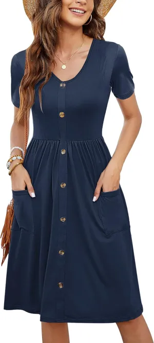 MOLERANI Women Summer Casual Short Sleeve V Neck Dresses Button Down Sundress Beach Vacation with Pockets Travel Outfits