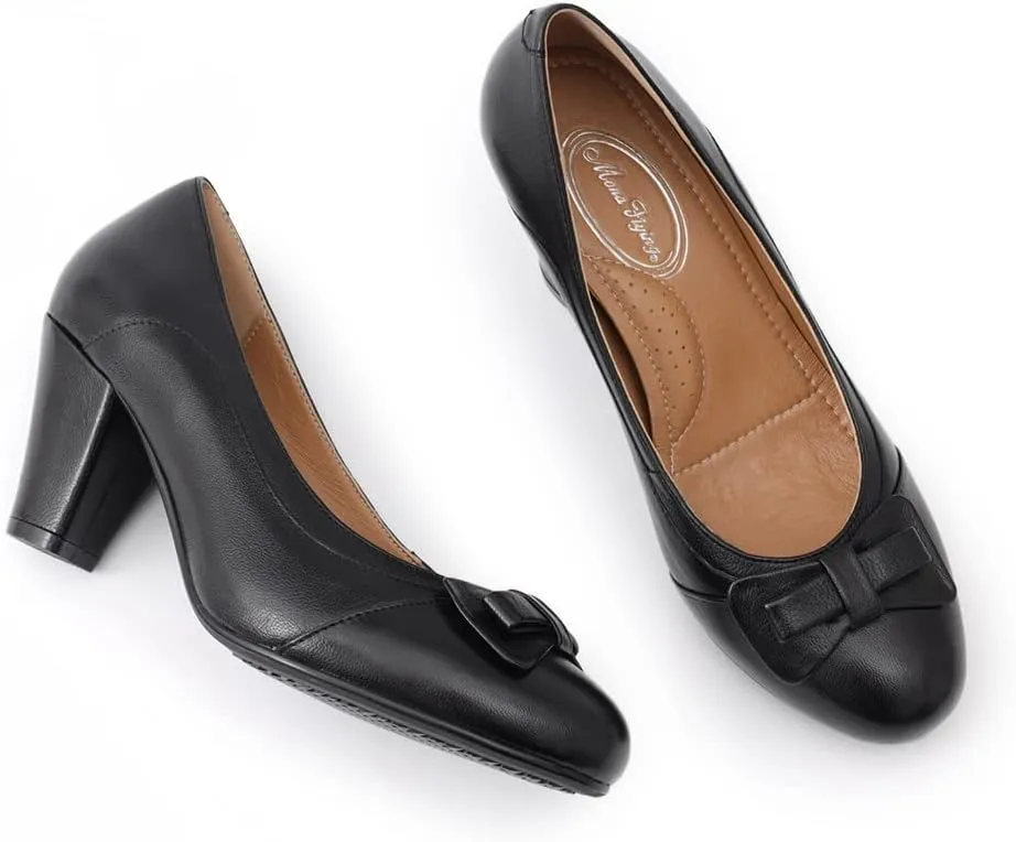Mona flying Leather Mid Chunky Pumps Elegant Women Slip On Classic Comfortable Elegant Handmade Work Shoes