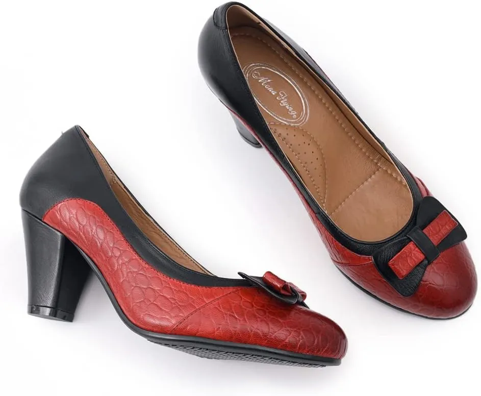 Mona flying Leather Mid Chunky Pumps Elegant Women Slip On Classic Comfortable Elegant Handmade Work Shoes
