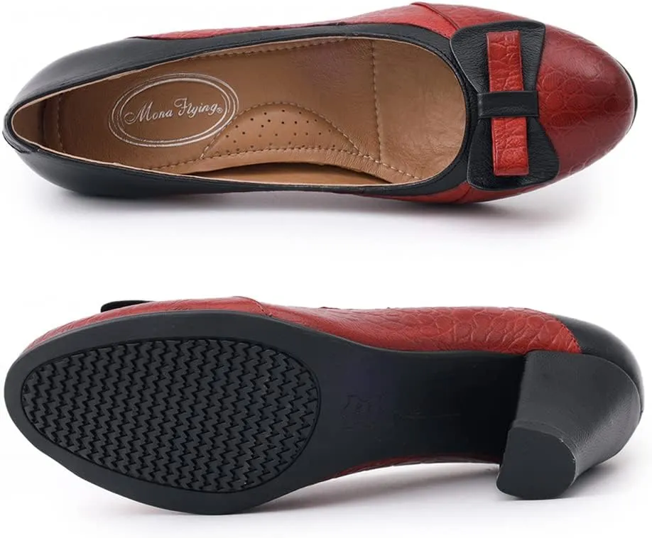 Mona flying Leather Mid Chunky Pumps Elegant Women Slip On Classic Comfortable Elegant Handmade Work Shoes