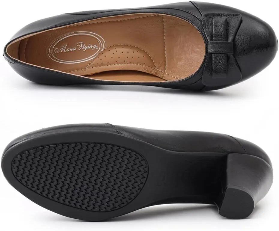 Mona flying Leather Mid Chunky Pumps Elegant Women Slip On Classic Comfortable Elegant Handmade Work Shoes
