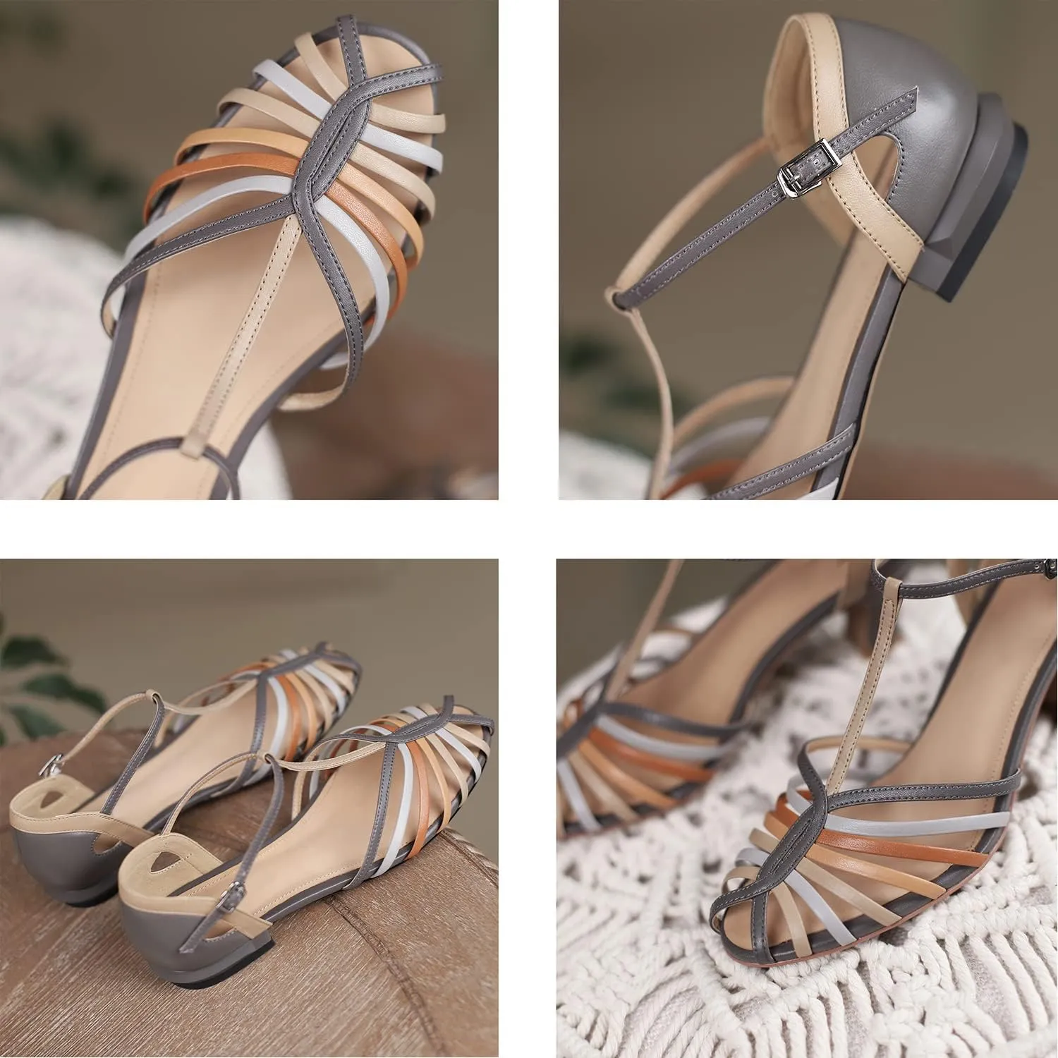 MOOMMO Women Low Heel Sandals Ankle Strap Rainbow Kitten Heel Cage Sandal Shoes T Strap Mary Jane Pumps Chunky Block Heel Cutout Sandals Bridal Wedding Summer Vintage Dressy Elegant Comfort 4-11 M US