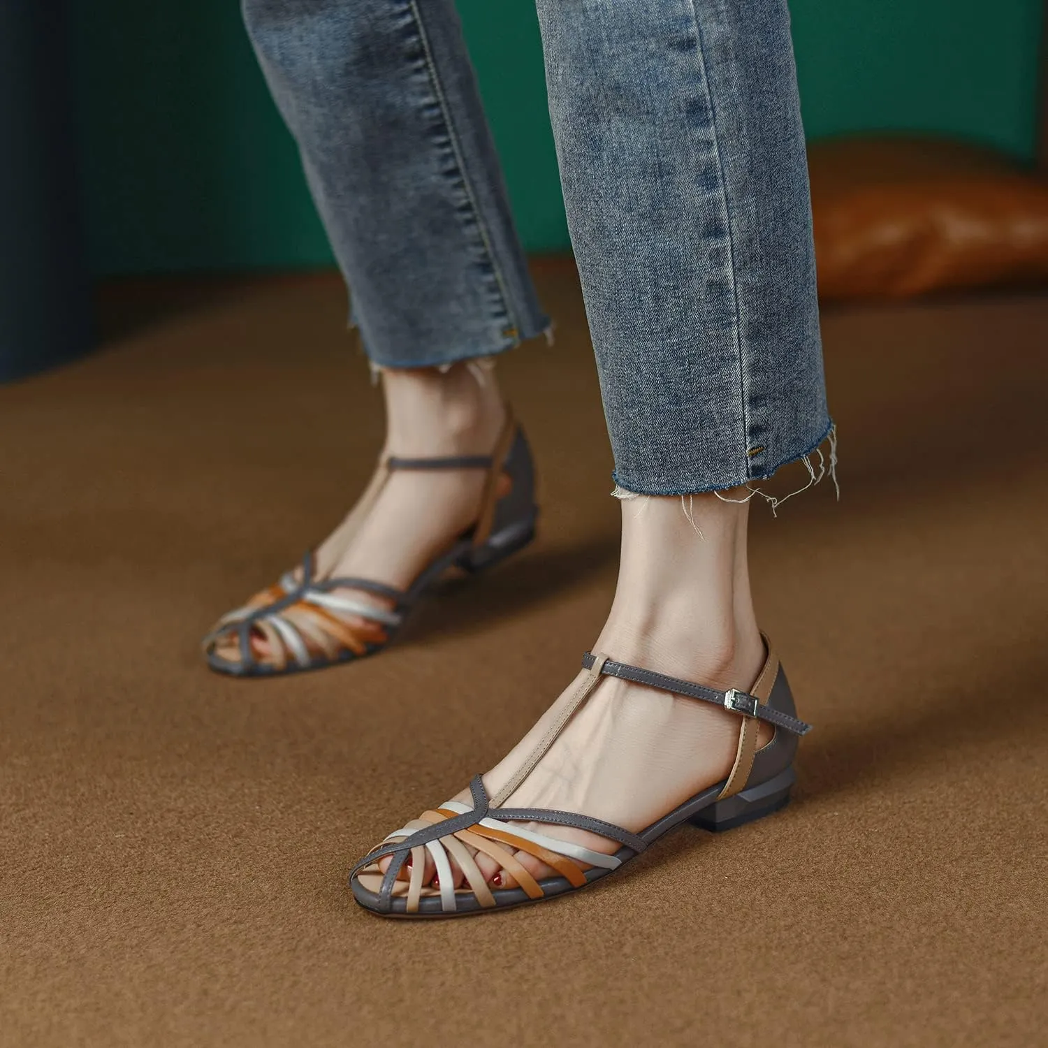 MOOMMO Women Low Heel Sandals Ankle Strap Rainbow Kitten Heel Cage Sandal Shoes T Strap Mary Jane Pumps Chunky Block Heel Cutout Sandals Bridal Wedding Summer Vintage Dressy Elegant Comfort 4-11 M US