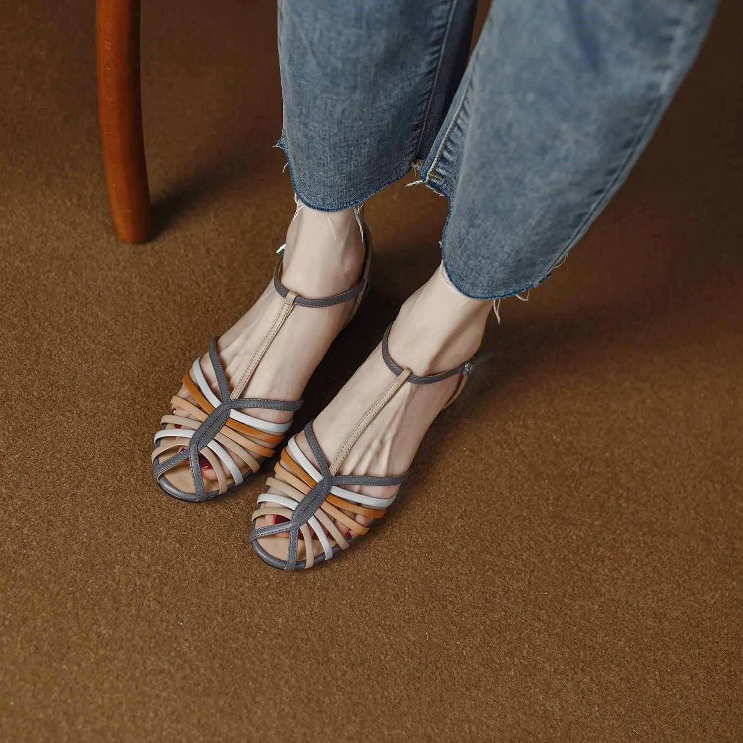 MOOMMO Women Low Heel Sandals Ankle Strap Rainbow Kitten Heel Cage Sandal Shoes T Strap Mary Jane Pumps Chunky Block Heel Cutout Sandals Bridal Wedding Summer Vintage Dressy Elegant Comfort 4-11 M US