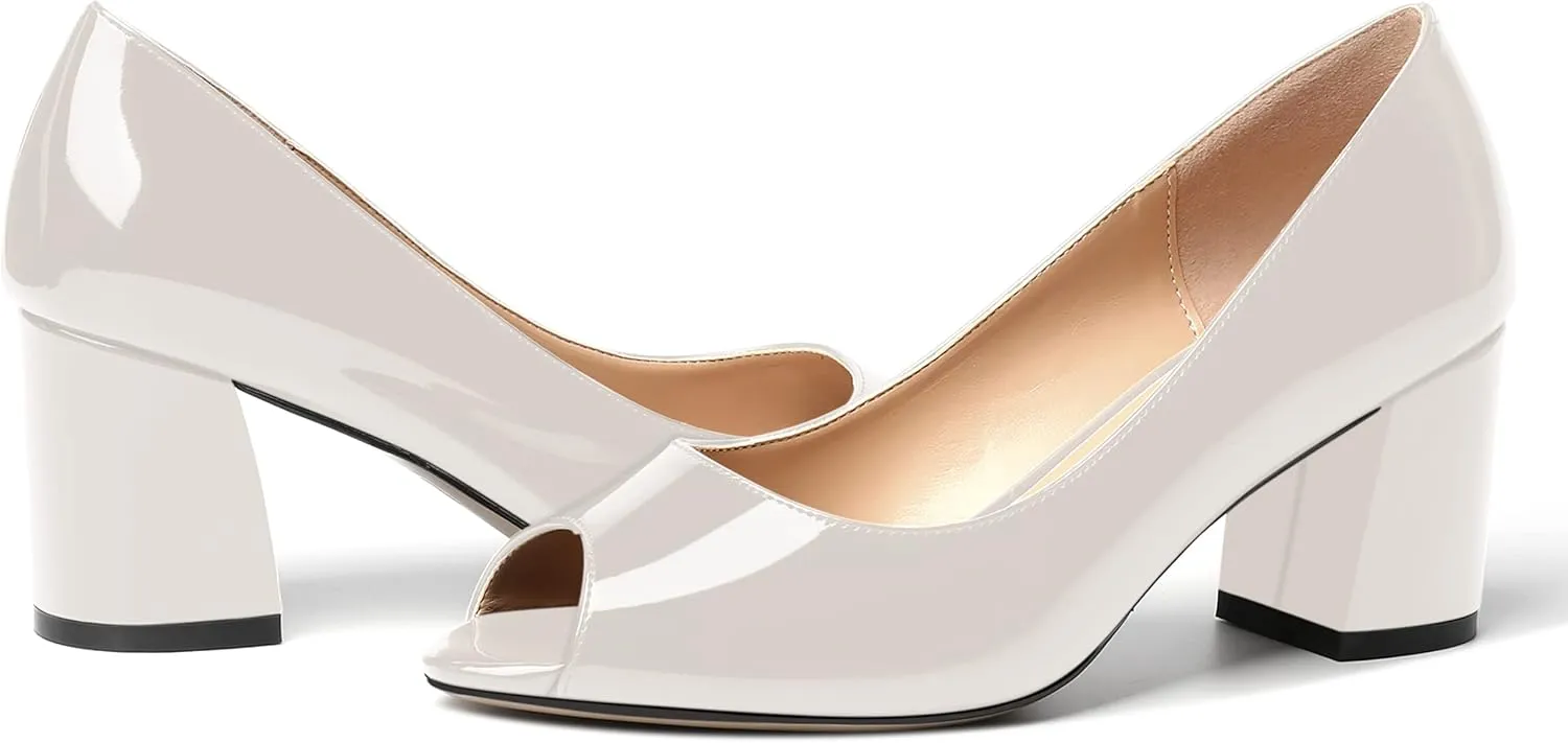 MOVINSTEPS Womens Slip On Dating Peep Toe Dress Patent Block Mid Heel Pumps Shoes 2.5 Inch