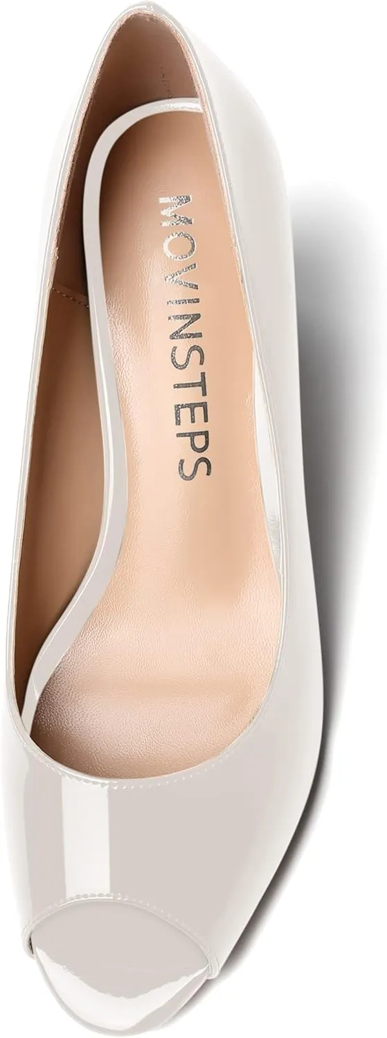 MOVINSTEPS Womens Slip On Dating Peep Toe Dress Patent Block Mid Heel Pumps Shoes 2.5 Inch