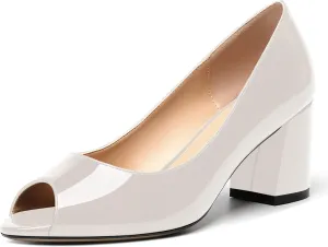 MOVINSTEPS Womens Slip On Dating Peep Toe Dress Patent Block Mid Heel Pumps Shoes 2.5 Inch