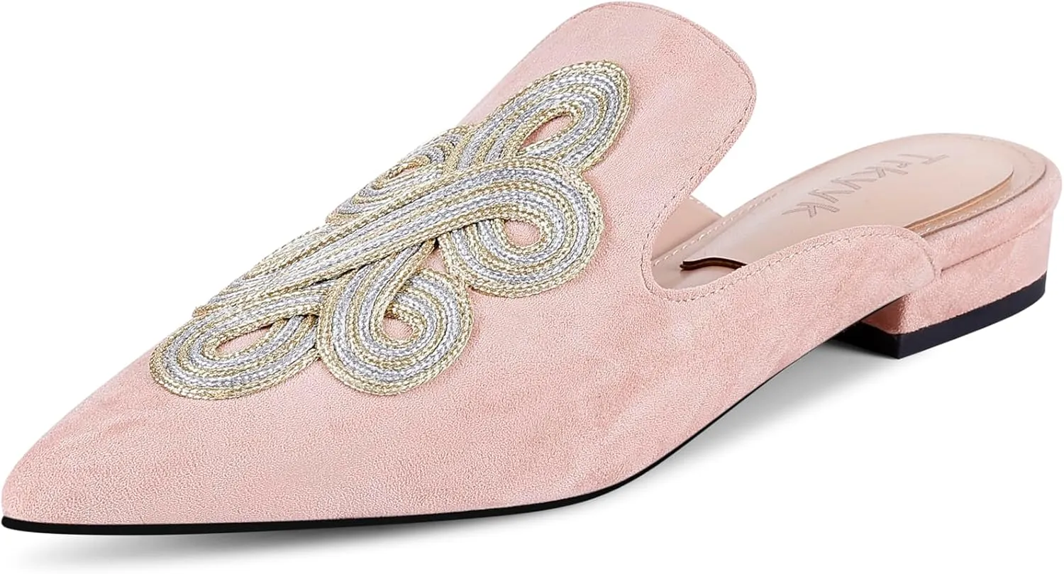 Mules for Women Pointed Toe Comfortable Flats Handmade Knotting Mules Backless Loafers