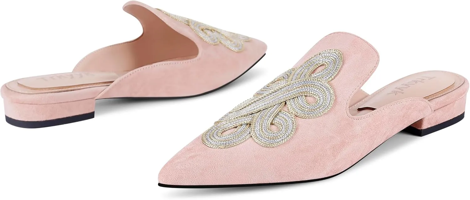 Mules for Women Pointed Toe Comfortable Flats Handmade Knotting Mules Backless Loafers