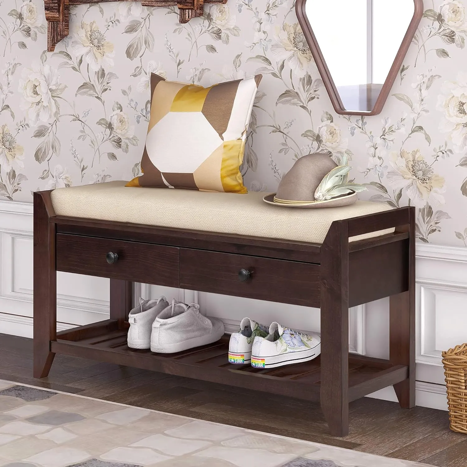 Multipurpose Shoe Rack with Cushioned Seat, Stylish Entryway Storage Bench in Espresso for Comfort and Organization