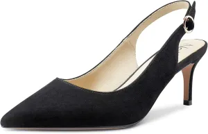 NobleOnly Women's Slingback Kitten Heels Pumps Comfortable Leather Mid Heel Pointed Toe Stiletto Office Classic Shoes 6 CM Heel