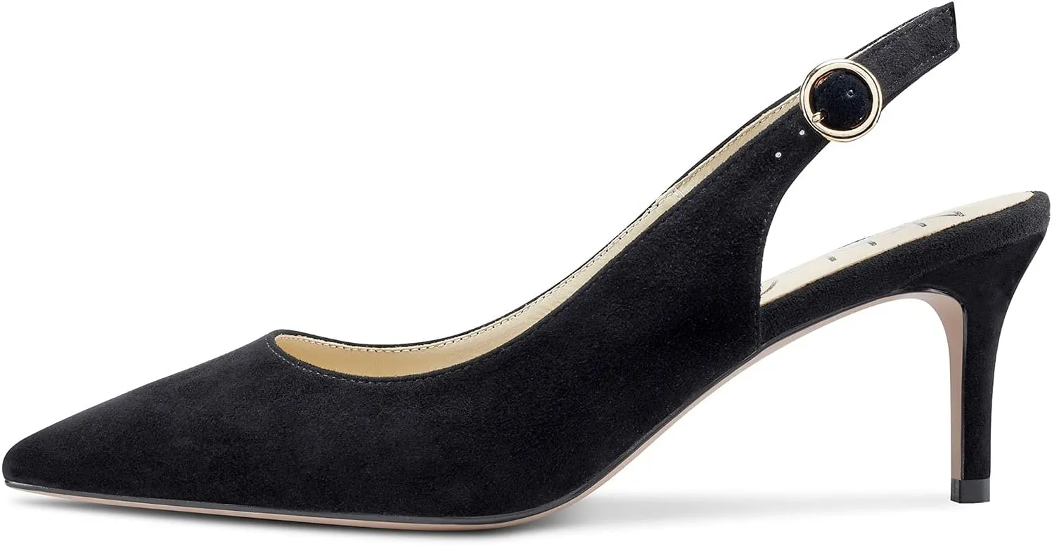 NobleOnly Women's Slingback Kitten Heels Pumps Comfortable Leather Mid Heel Pointed Toe Stiletto Office Classic Shoes 6 CM Heel